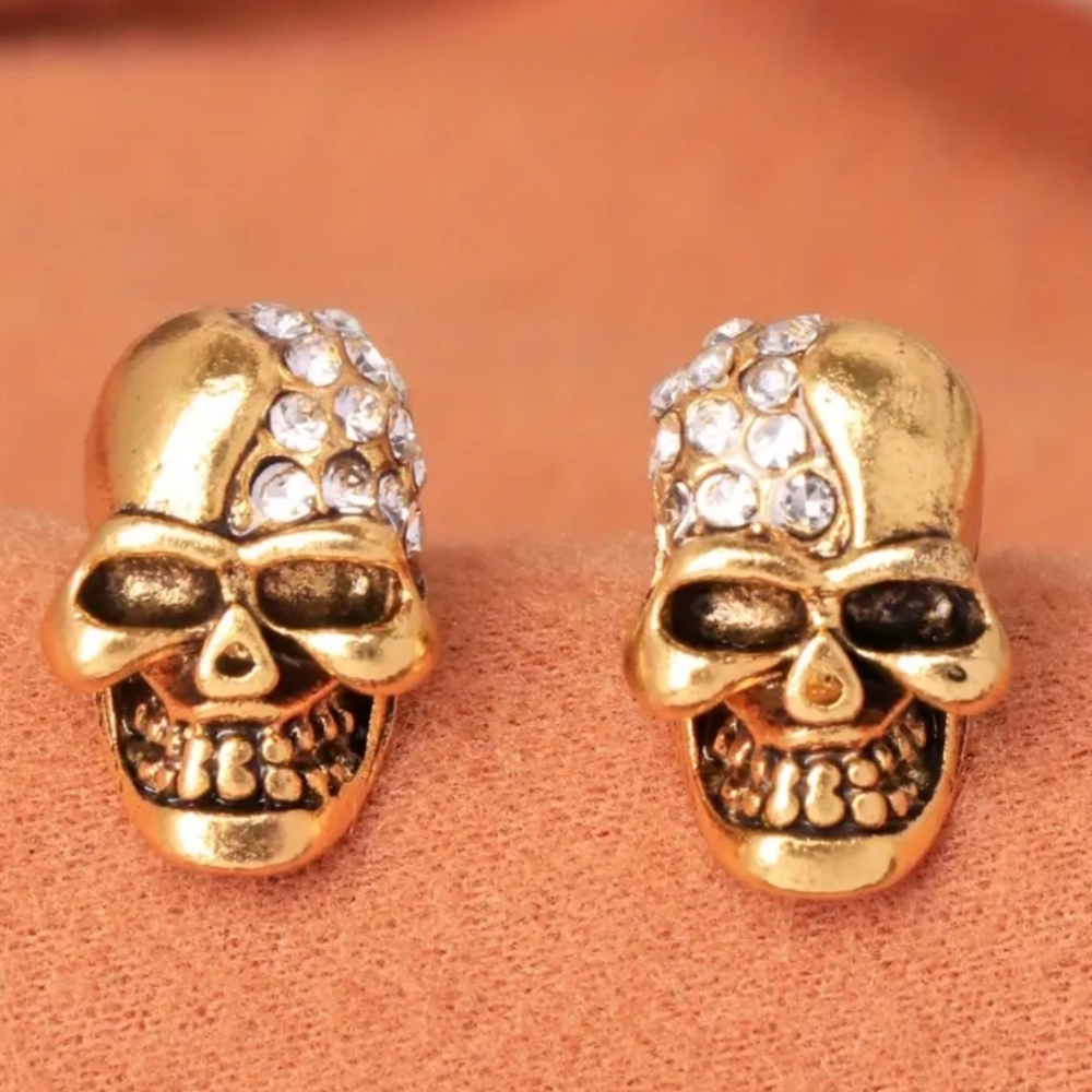 Gold Skull Earrings with Crystals